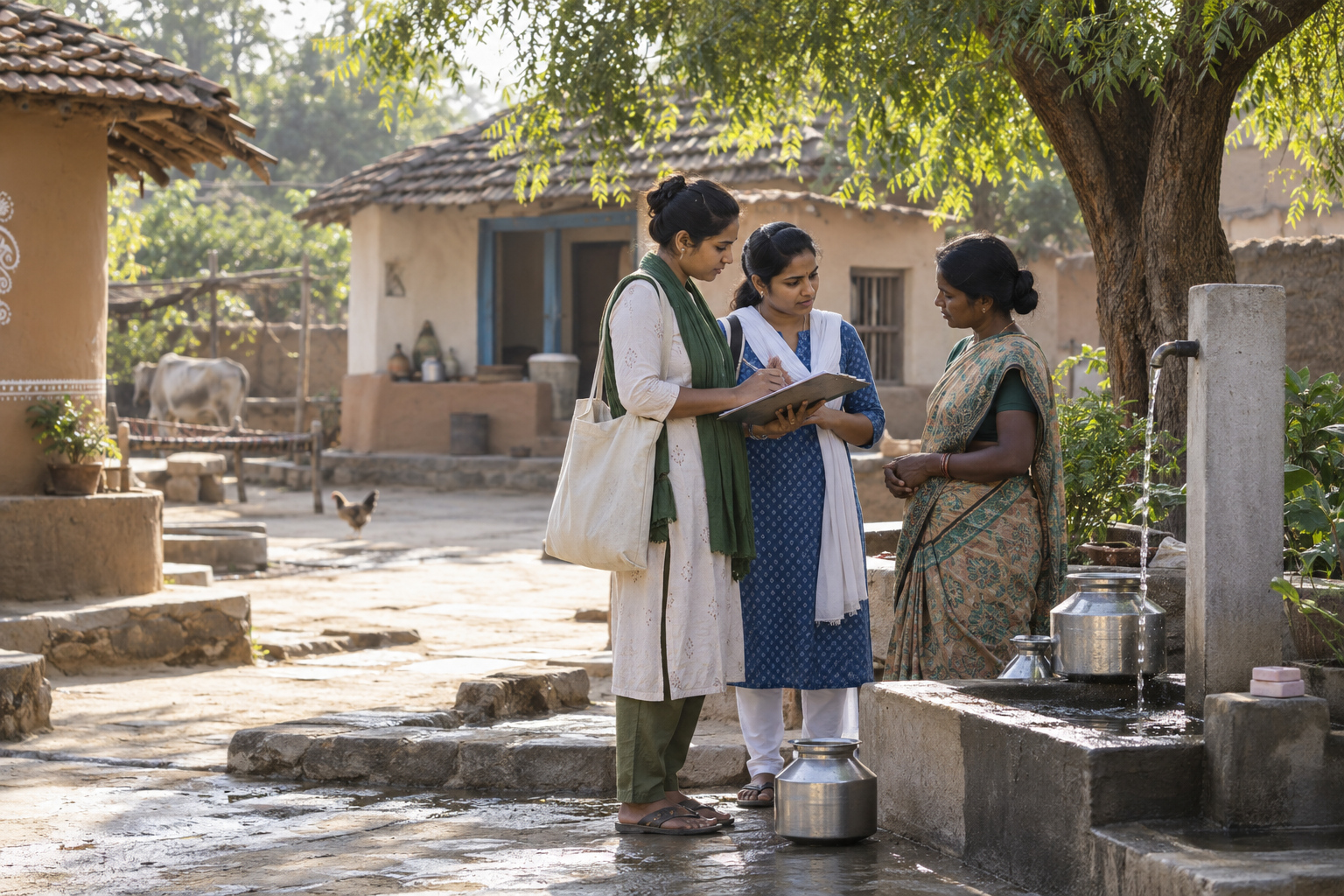 Illustrative AI-generated scene of Saaf Sutra field facilitators at a village water point.