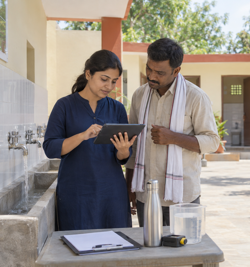 Illustrative scene of a Saaf Sutra field coordinator discussing WASH evidence with a community member.
