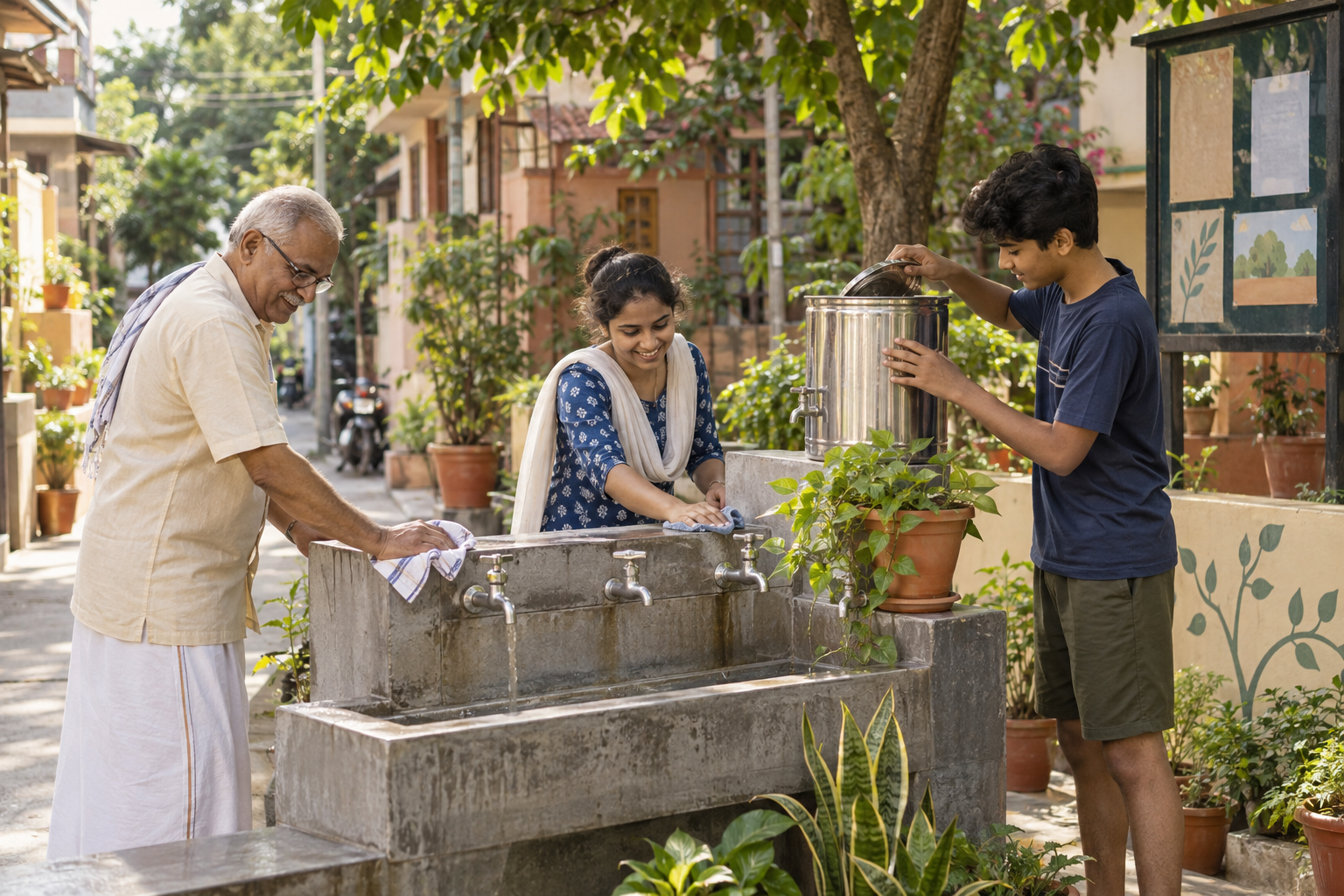 Illustrative AI-generated scene of community members caring for a shared WASH station.
