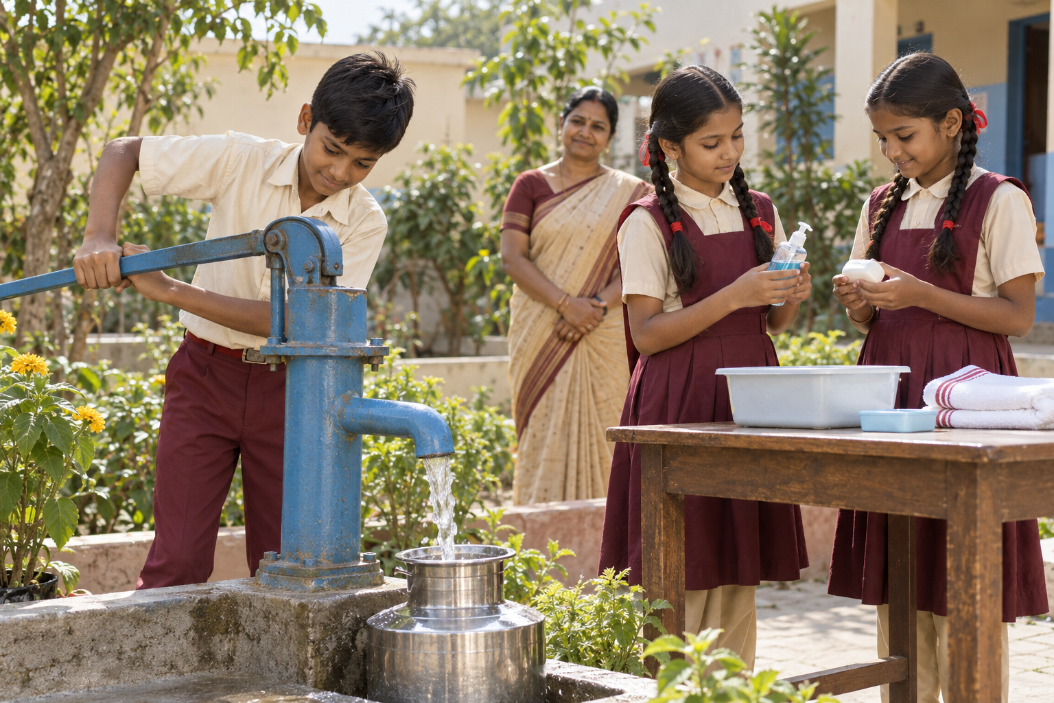 Illustrative AI-generated scene of schoolchildren practising safe water and hygiene habits.