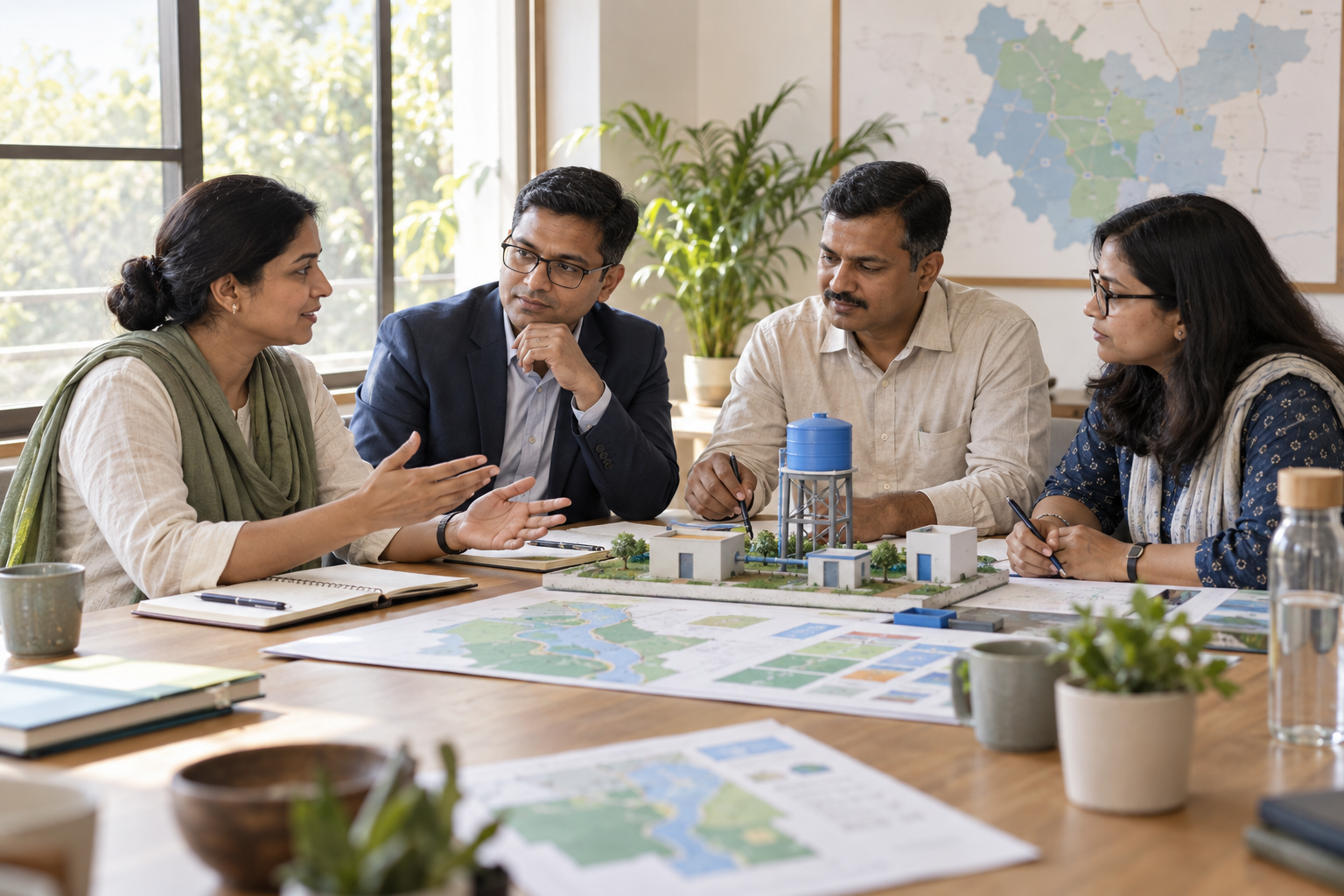Illustrative AI-generated scene of partners planning a community water system.
