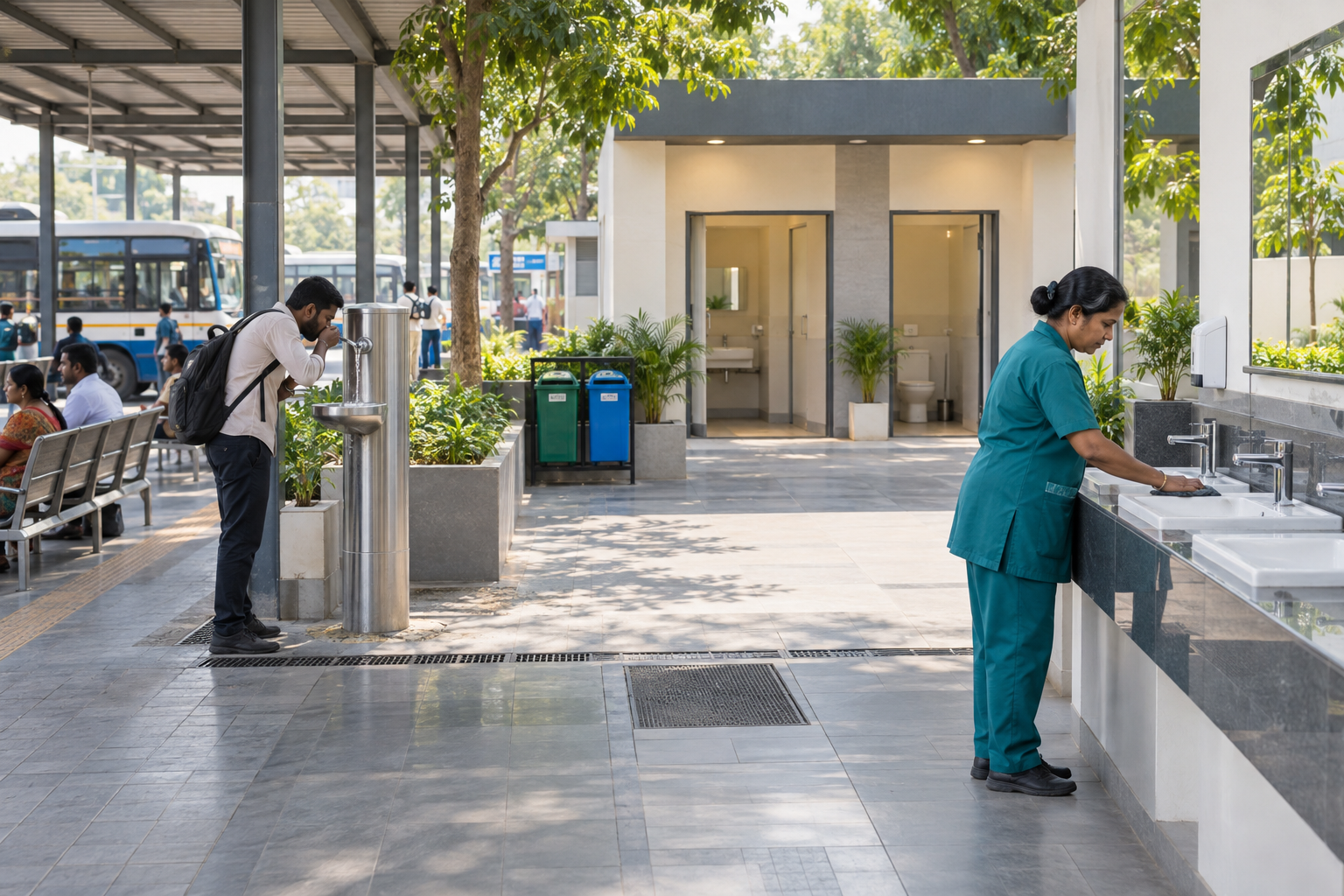 Illustrative AI-generated scene of a maintained public sanitation facility at a bus stand.
