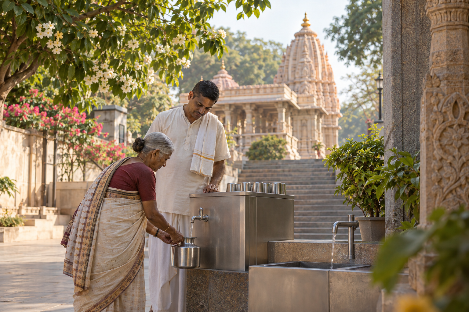 Illustrative AI-generated scene of a temple drinking-water and handwashing station.