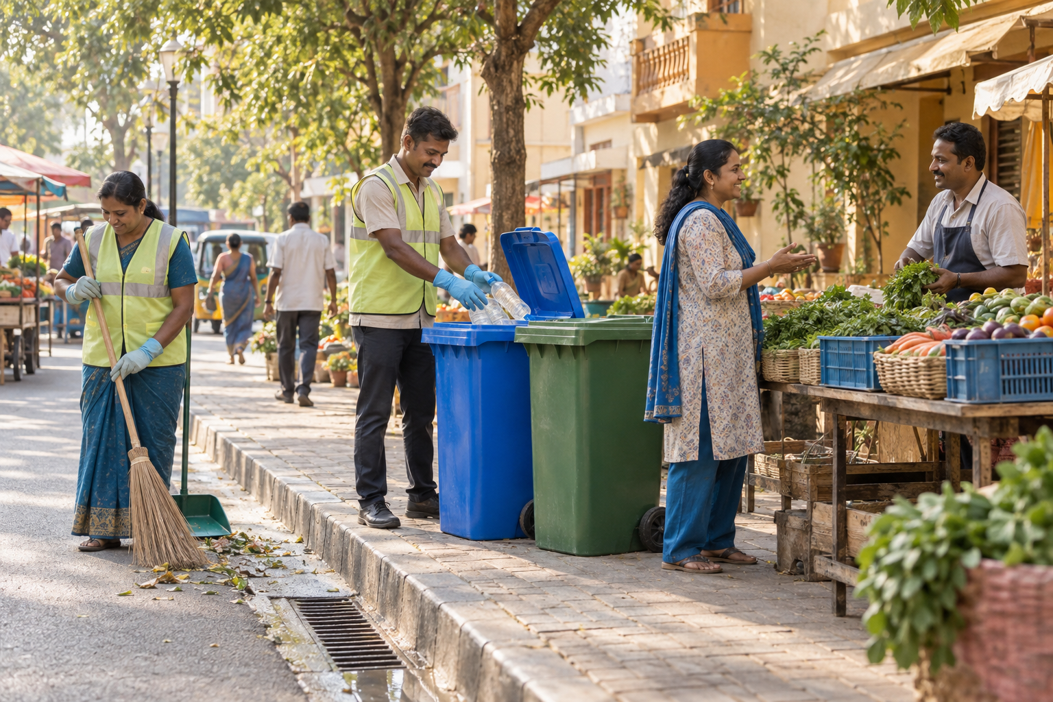 Illustrative AI-generated scene of community members maintaining a clean Indian market street.