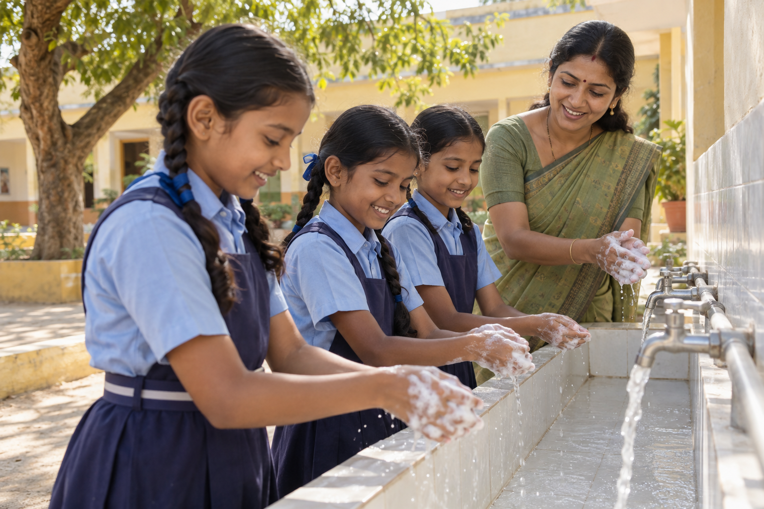 Illustrative AI-generated scene of Indian schoolgirls learning handwashing with their teacher.