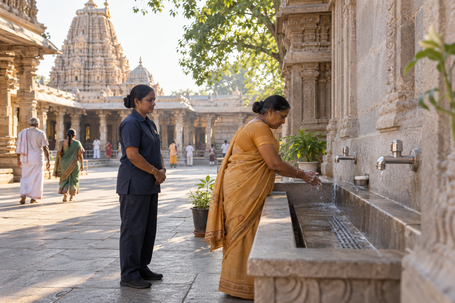 Illustrative AI-generated scene of a pilgrim washing her hands at a maintained temple wash station.